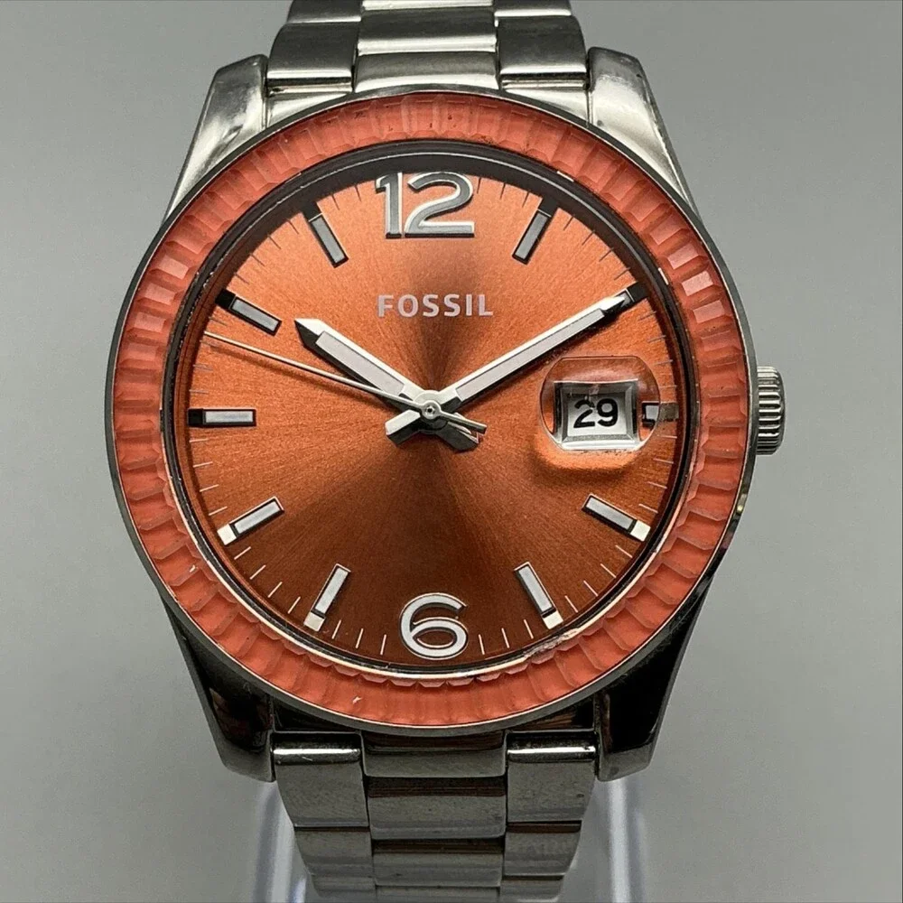 Fossil 2515 Mens Watch 39mm Orange Dial Silver Tone Date New Battery 6.75